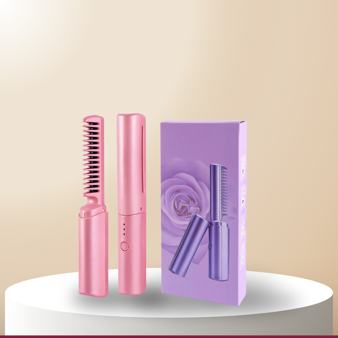 Mini Plancha De Pelo Recargable 2en1 Cepillo y Rizador Rosa